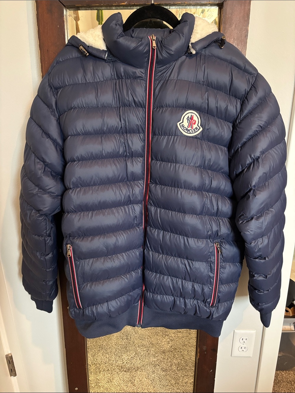 Men’s Navy Quilted Puffer Jacket with Sherpa Trim Hood
